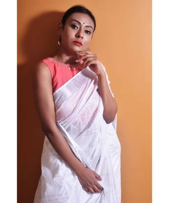 Silver Saree In Khadi Linen 4