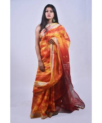 Fire Coloured Saree In Khadi Linen 1