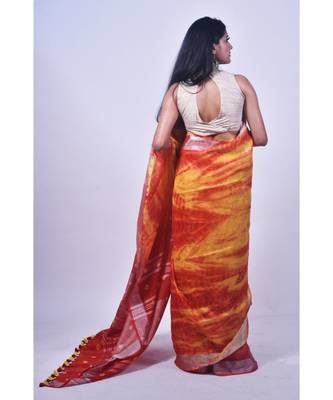 Fire Coloured Saree In Khadi Linen 2