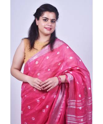 Hot Pink Saree In Khadi Linen 1