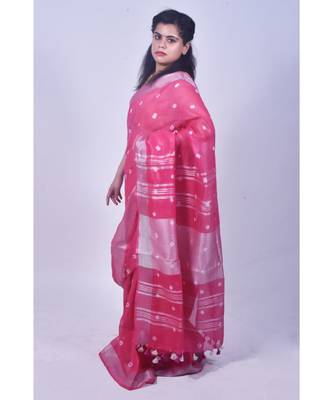 Hot Pink Saree In Khadi Linen 2