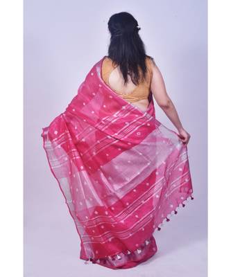 Hot Pink Saree In Khadi Linen 3
