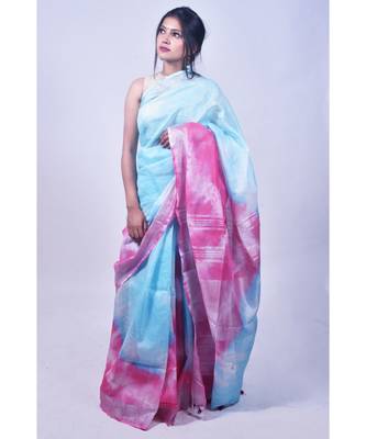 Sky Blue And Pink Saree In Khadi Linen 1