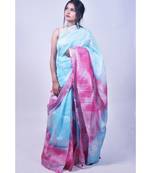 Sky Blue And Pink Saree In Khadi Linen