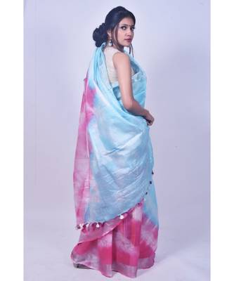 Sky Blue And Pink Saree In Khadi Linen 2