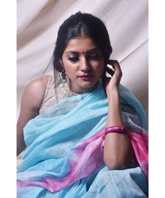 Sky Blue And Pink Saree In Khadi Linen 3