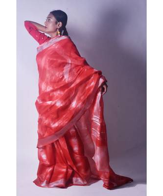 Cherry Red Saree In Khadi Linen 1