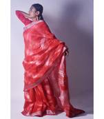 Cherry Red Saree In Khadi Linen