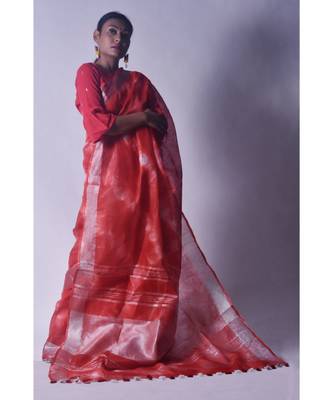 Cherry Red Saree In Khadi Linen 2