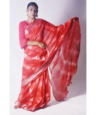 Cherry Red Saree In Khadi Linen 3