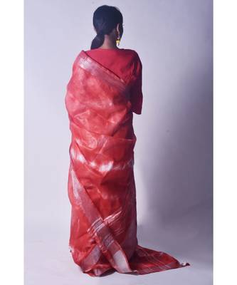 Cherry Red Saree In Khadi Linen 4