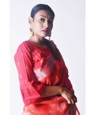 Cherry Red Saree In Khadi Linen 5