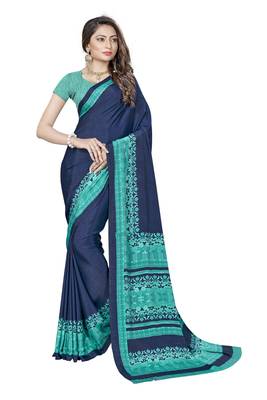 Navy blue printed crepe saree with blouse 1