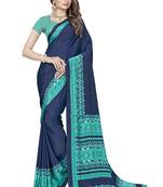 Navy blue printed crepe saree with blouse