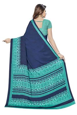 Navy blue printed crepe saree with blouse 2