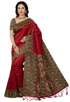 Red Printed silk blend saree with blouse 1