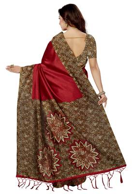 Red Printed silk blend saree with blouse 2