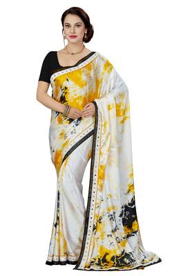White Printed satin saree with blouse 1