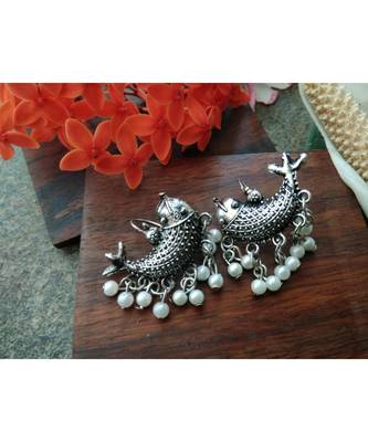 Fish Shaped German Silver Earrings With Pearl Hanging 1