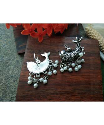 Fish Shaped German Silver Earrings With Pearl Hanging 2