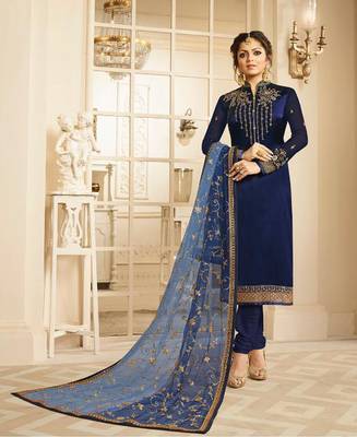 Designer Navy Blue Embroidered Long Staright Suit With Designer Dupatta 1