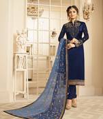 Designer Navy Blue Embroidered Long Staright Suit With Designer Dupatta