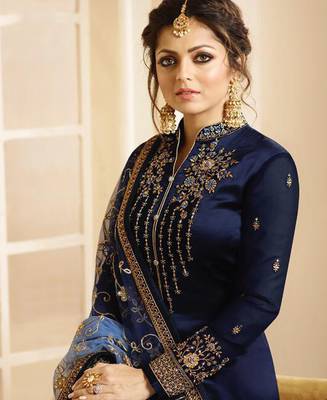 Designer Navy Blue Embroidered Long Staright Suit With Designer Dupatta 2