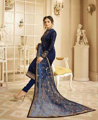 Designer Navy Blue Embroidered Long Staright Suit With Designer Dupatta 3