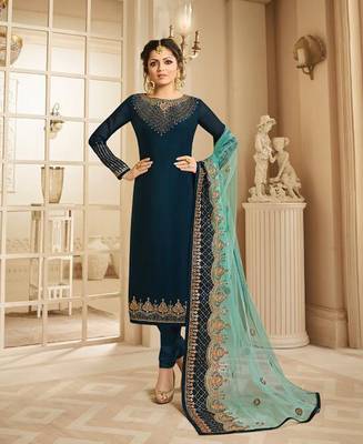 Designer Turquoise Embroidered Long Staright Suit With Designer Dupatta 1