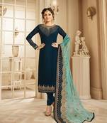 Designer Turquoise Embroidered Long Staright Suit With Designer Dupatta