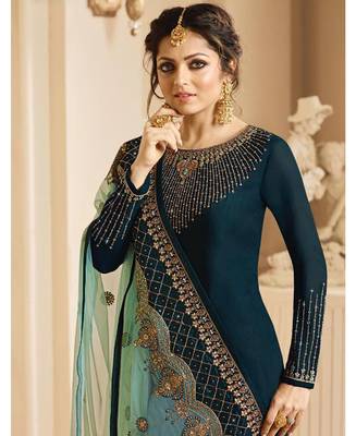 Designer Turquoise Embroidered Long Staright Suit With Designer Dupatta 2