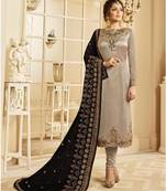 Designer Grey Embroidered Long Staright Suit With Designer Dupatta