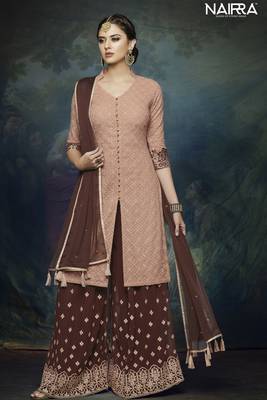 Brown  Embroidered Chiffon Semi Stitched Salwar With Dupatta 1
