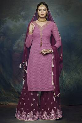Purple Embroidered Chiffon Semi Stitched Salwar With Dupatta 1