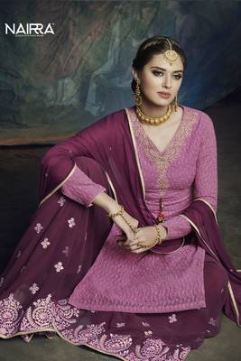 Purple Embroidered Chiffon Semi Stitched Salwar With Dupatta 2