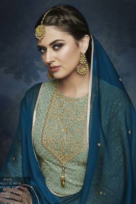 Green Embroidered Chiffon Semi Stitched Salwar With Dupatta 2