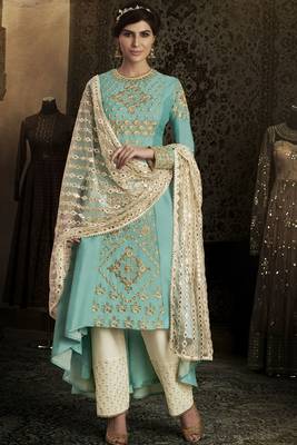 Turquoise Embroidered Silk Blend Semi Stitched Salwar With Dupatta 1
