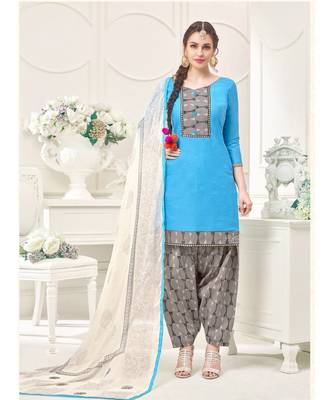 turquoise printed Cotton Blend unstitched salwar with dupatta 1