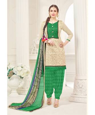 Beige printed Cotton Blend unstitched salwar with dupatta 1