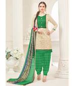 Beige printed Cotton Blend unstitched salwar with dupatta