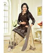 Brown printed Crepe unstitched salwar with dupatta