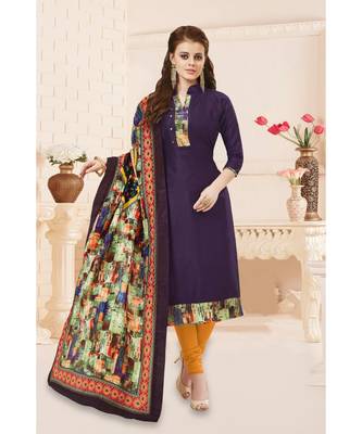 Purple printed Cotton unstitched salwar with dupatta 1