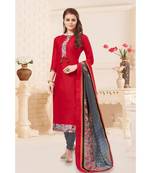Red printed Cotton unstitched salwar with dupatta