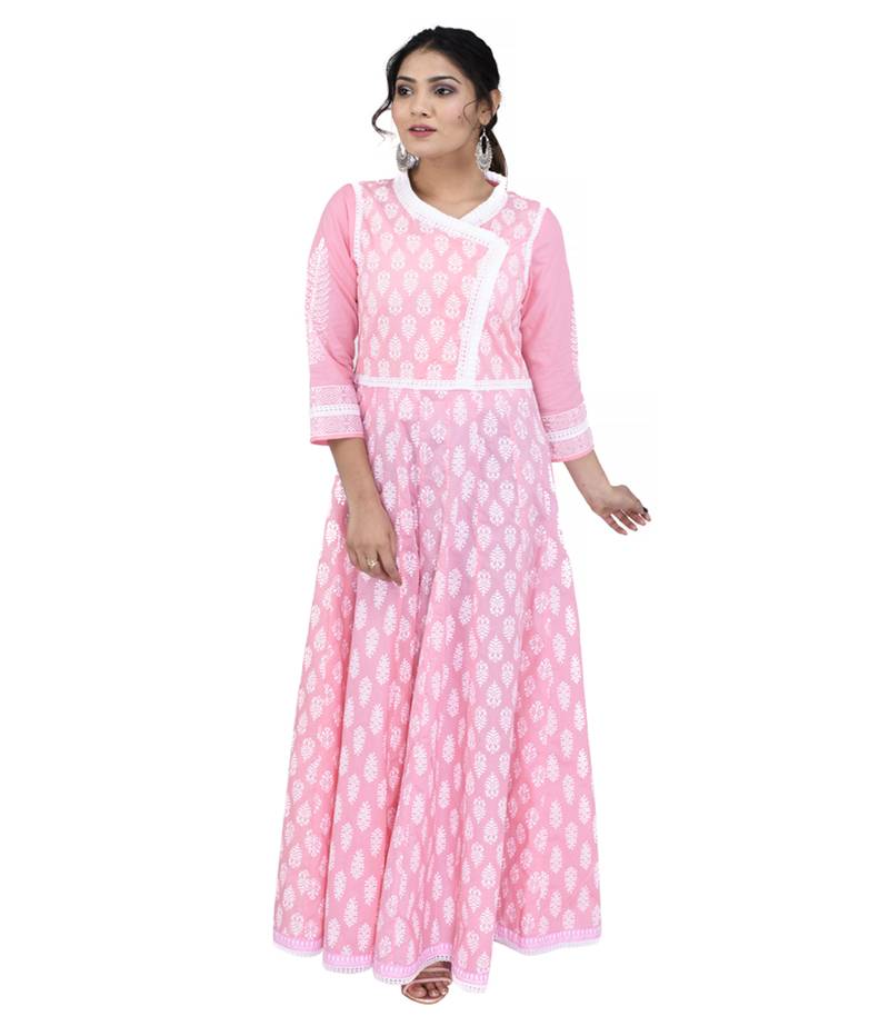 Pink printed cotton ethnic kurtis