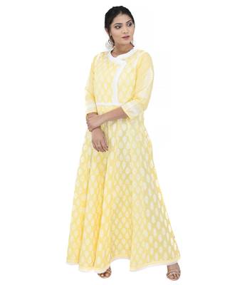 Yellow printed cotton ethnic kurtis 1