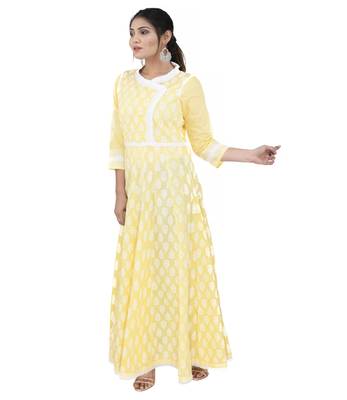 Yellow printed cotton ethnic kurtis 3