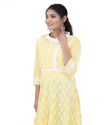 Yellow printed cotton ethnic kurtis 4