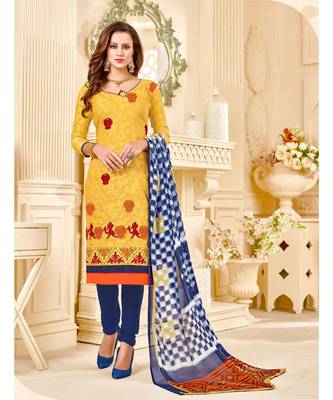 Mustard printed Cotton Blend unstitched salwar with dupatta 1