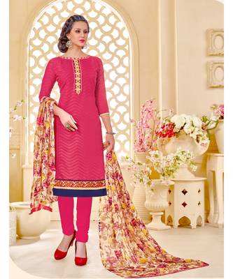 Pink printed Cotton Blend unstitched salwar with dupatta 1