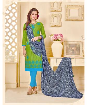 Green printed Cotton Blend unstitched salwar with dupatta 1